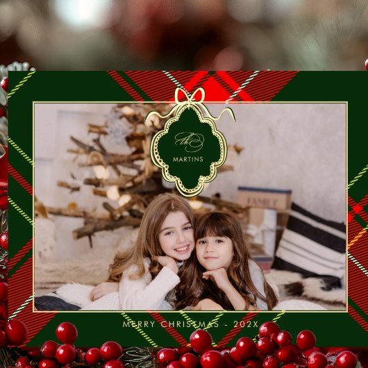 クラシックChristmas Red Green Plaid写真 箔シーズンポストカード