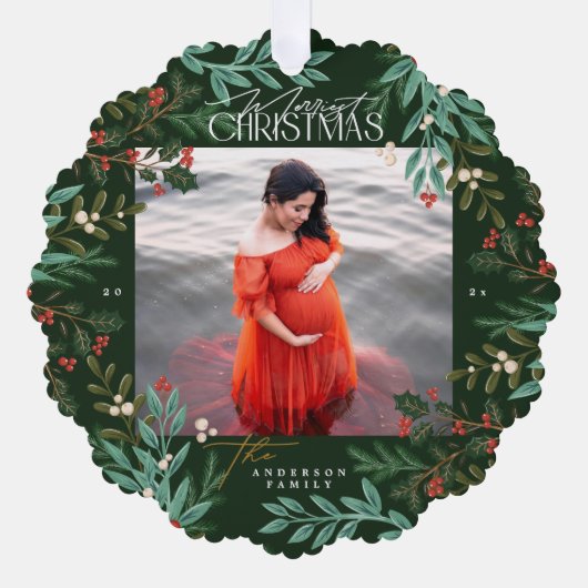 クラシックGreen Botanical Christmas写真 オーナメントカード (正面)