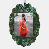 クラシックGreen Botanical Christmas写真 オーナメントカード (左)