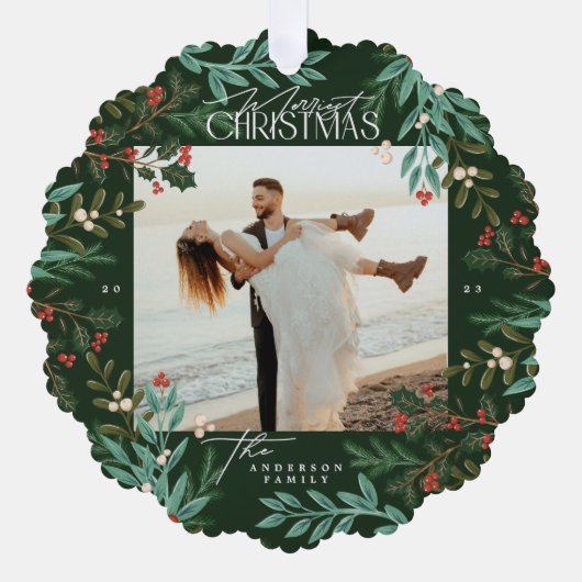クラシックGreen Botanical Christmas写真 オーナメントカード (正面)