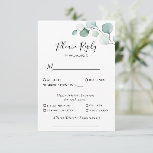 クラシックGreen Eucalyptusのメ結婚ニュー選択の返信 出欠カード (スタンド正面)