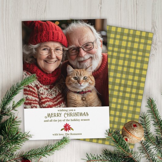 クラシックGreen Gingham Poinsettia 1写真クリスマス シーズンカード