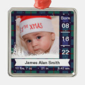 クラシックPlaidベビーの最初の写真、名前、および統計 メタルオーナメント (正面)