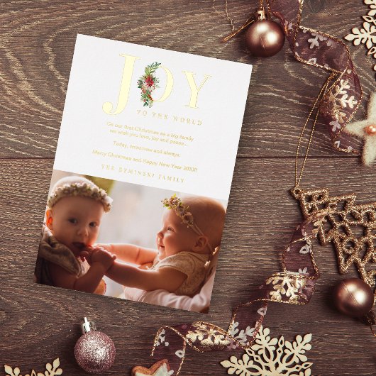 クラシックPoinsettias Garland Joy To The World写真 箔招待状