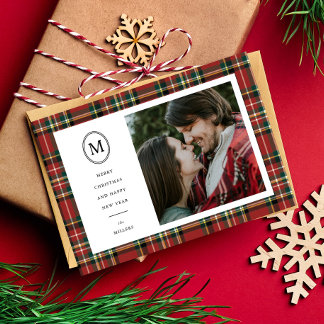 クラシックRed Plaid Christmas Name Monogram 1写真 シーズンカード
