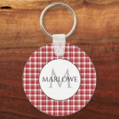 クラシックRed White Checks Plaid Monogram Name キーホルダー (正面)