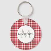 クラシックRed White Checks Plaid Monogram Name キーホルダー (裏面)