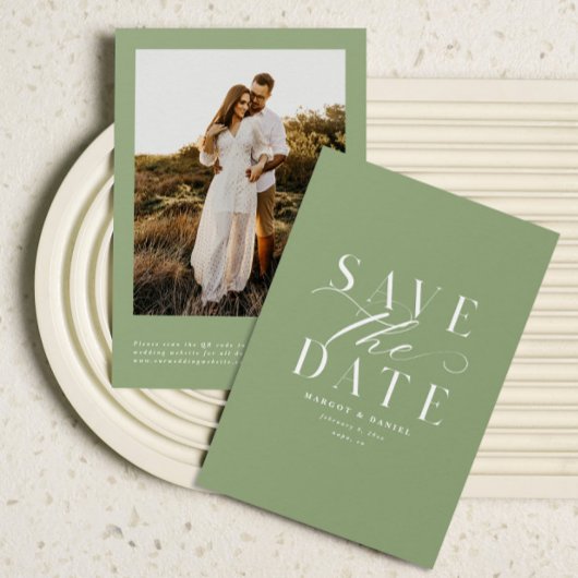 クラシックSage Green Photo Save The Date QR Code セーブザデート