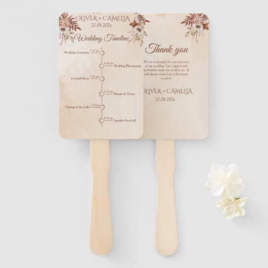 クラシックScript BOHO結婚式 プログラムとタイムライン ハンドファン (正面&裏面)