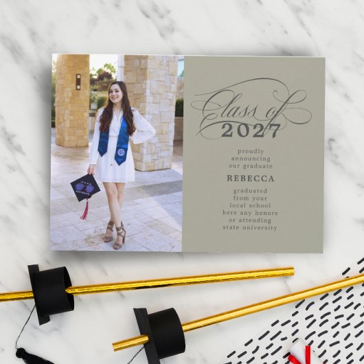 クラシックScript Green Sage写真卒業 案内状