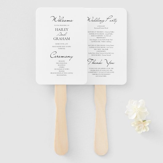 クラシックScript Minimalistホワイト結婚式 プログラム ハンドファン (正面&裏面)