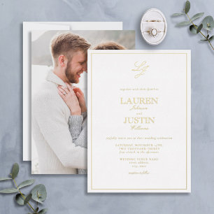 クラシックScript Monogram Photoの結婚金ゴールド 箔招待状