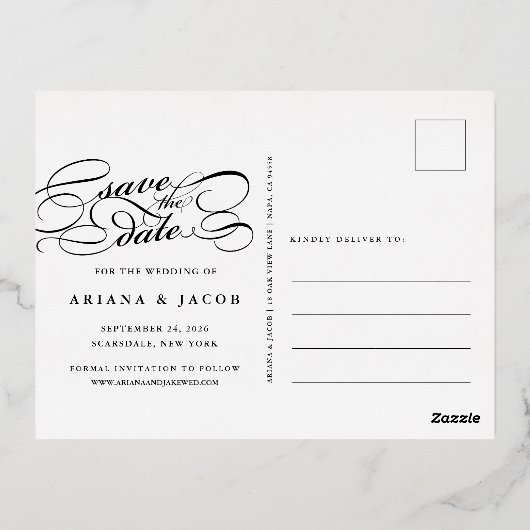 クラシックScript Overlay Photo日付の保存 箔招待状ポストカード (裏面)