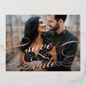 クラシックScript Overlay Photo日付の保存 箔招待状ポストカード (正面)