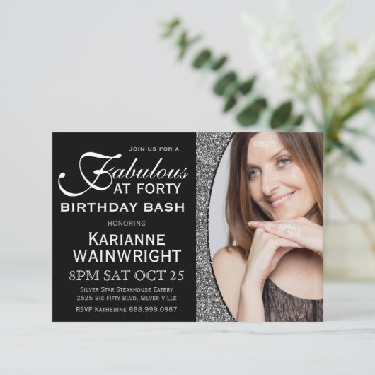 クラシフェイクーグリッター写真40歳の誕生日パーティー 招待状 (スタンド正面)