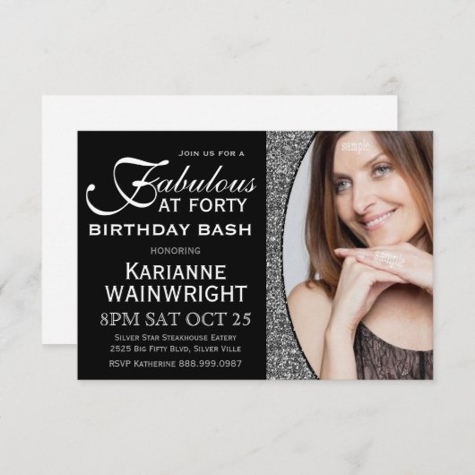 クラシフェイクーグリッター写真40歳の誕生日パーティー 招待状 (正面/裏面)