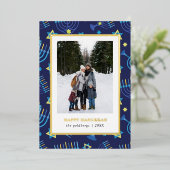 クラシブルー金ゴールド(ユダヤ教)メノラースター3枚の写真ハヌカー 箔シーズンカード (立ち正面)