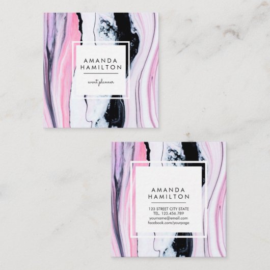 クラシモダンー·ブエレガントラック·ピンク·ホワイト·マーブル スクエア名刺 (正面/裏面)