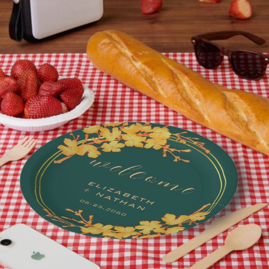 クラシーエメラルドグリーン金ゴールドフローラ歓迎 ペーパープレート (ピクニック)