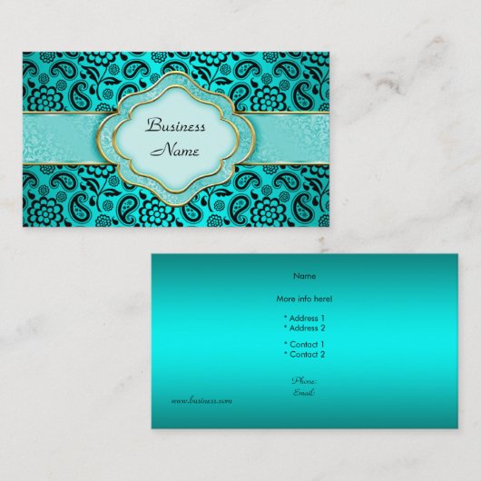 クラシーエレガントティール（緑がかった色）ブルーペイズリーフローラダマスク 名刺 (正面/裏面)