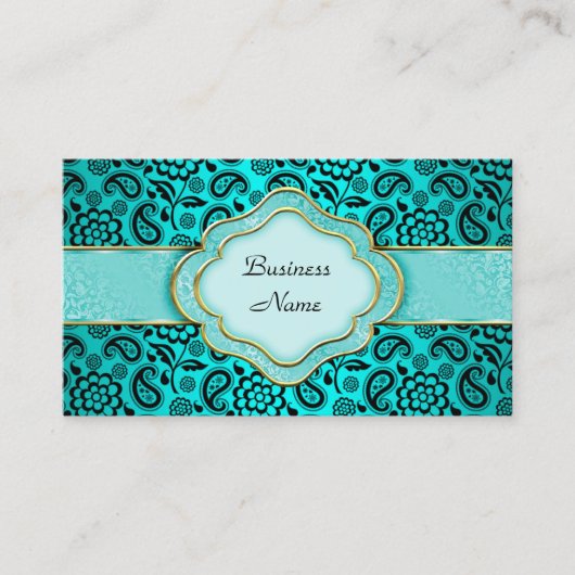 クラシーエレガントティール（緑がかった色）ブルーペイズリーフローラダマスク 名刺 (正面)