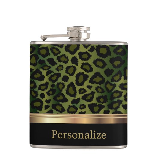 クラシーオリーブグリーンレオパードアニマルプリント フラスク (正面)