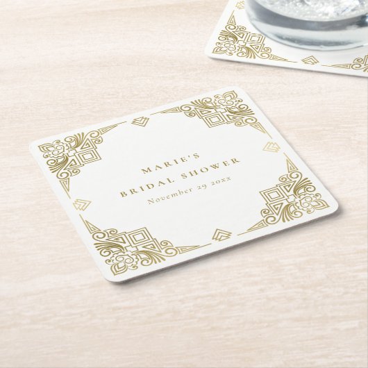 クラシーグラム金ゴールドアールデコ華美ブライダルシャワー スクエアペーパーコースター (アングル)