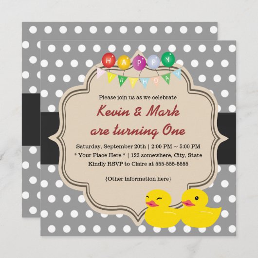 クラシーグレー水玉模様ゴムダッキー（アヒルちゃん）ツインズ誕生日 招待状 (正面/裏面)