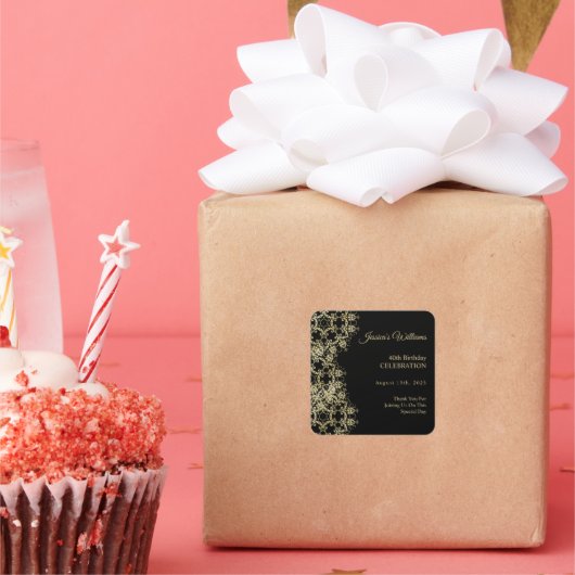 クラシーゴールド&ブラックダマスク40th誕生日 スクエアシール (パーティー)