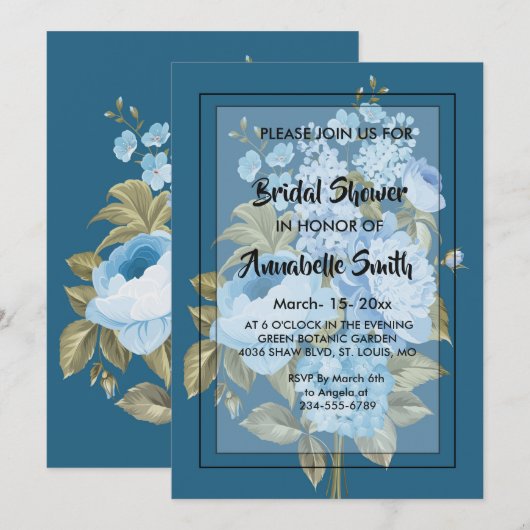 クラシーシックブルーフローラブライダルシャワー 招待状 (正面/裏面)
