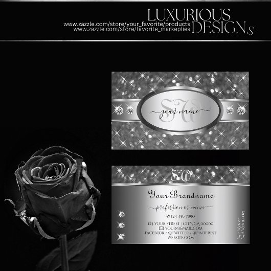 クラシーシルバーグリッタースパークルダイヤモンドイニシャル 名刺