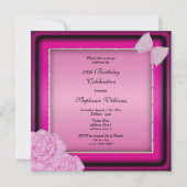 クラシーシルバーグリッター、ピンクフローラ&ボウ誕生日 招待状 (正面)