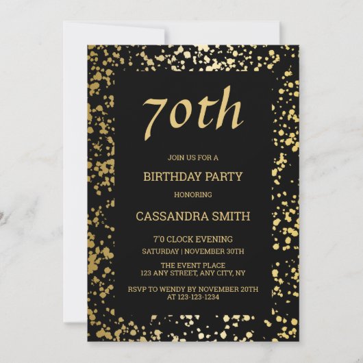 クラシージーエジプト金ゴールドスプリンクルズブラック誕生日 招待状 (正面)