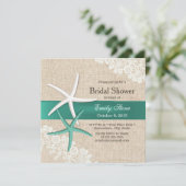 クラシーティール（緑がかった色）スターフィッシュレース&バーラップブライダルシャワー 招待状 (スタンド正面)