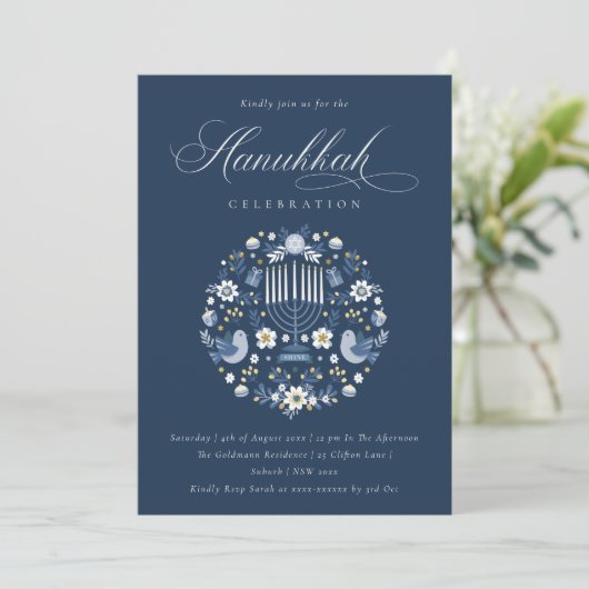 クラシーネイビーブルーハヌカーフローラパーティー招待状 シーズンカード (スタンド正面)