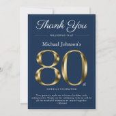 クラシーネイビーブルー金ゴールド80th誕生日サンキューカード 招待状 (正面)