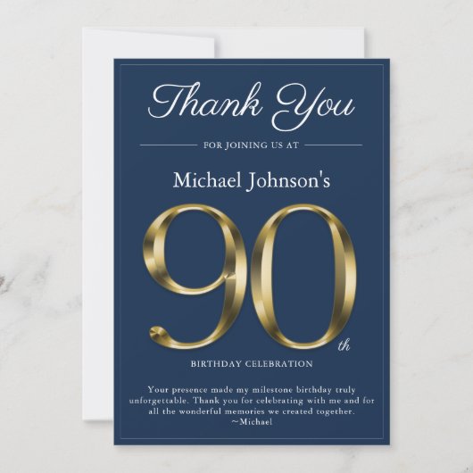 クラシーネイビーブルー金ゴールド90th誕生日サンキューカード 招待状 (正面)