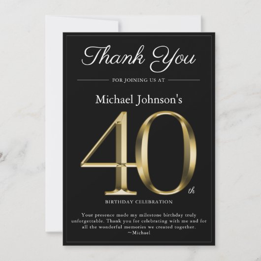 クラシーブラックと金ゴールド40th誕生日サンキューカード 招待状 (正面)