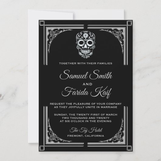クラシーブラックシルバーシュガースカル結婚式招待状 招待状 (正面)