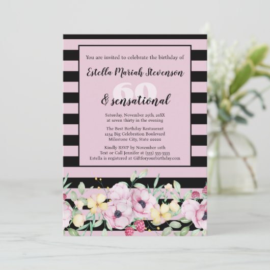 クラシーブラック赤面ピンクストライプのフローラ誕生日 招待状 (スタンド正面)