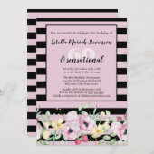 クラシーブラック赤面ピンクストライプのフローラ誕生日 招待状 (正面/裏面)