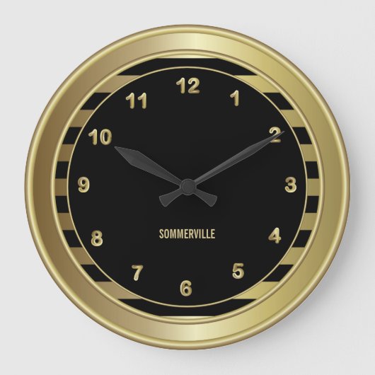 クラシーブラック&金ゴールドストライプ付き ラージ壁時計 (正面)