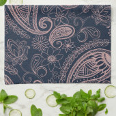 クラシーブルーバラ金ゴールドグリッターペイズリーフローラ キッチンタオル (折り畳み)