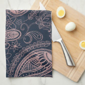 クラシーブルーバラ金ゴールドグリッターペイズリーフローラ キッチンタオル (四つ折り)