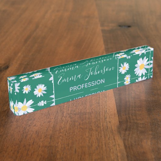 クラシーホワイトデイジーフラワーズボタニックグリーンデザイン デスクネームプレート (側面)
