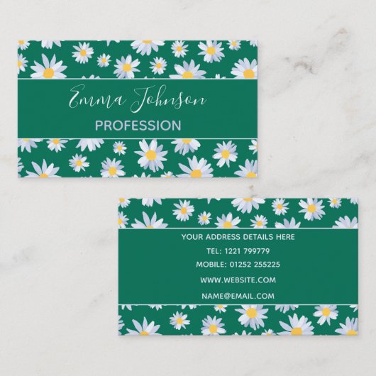 クラシーホワイトデイジーフラワーズボタニックグリーンデザイン 名刺 (正面/裏面)