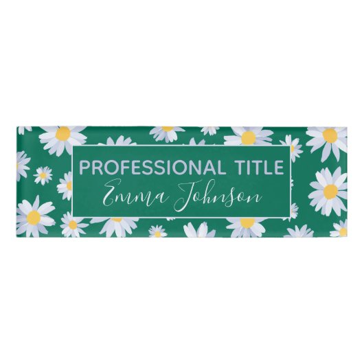 クラシーホワイトデイジーフラワーズボタニックグリーンデザイン 名札 (正面)