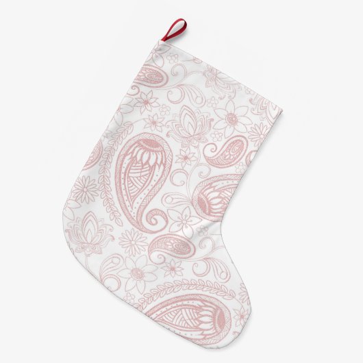 クラシーホワイトローズ金ゴールドグリッターペイズリーフローラ ラージクリスマスストッキング (正面 (吊り時))