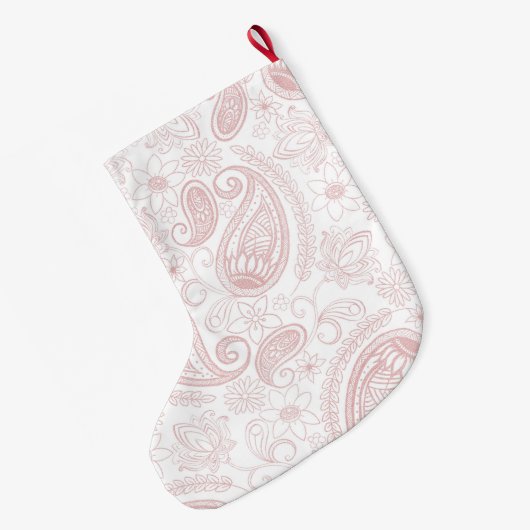 クラシーホワイトローズ金ゴールドグリッターペイズリーフローラ ラージクリスマスストッキング (裏面 (吊り時))