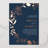 クラシーボタニカルバラ金ゴールド&ブルー結婚ズ 箔招待状 (正面)